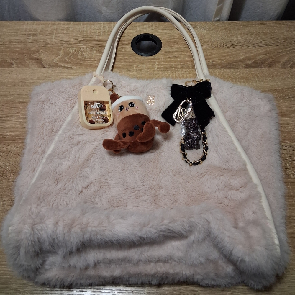 Victoria's Secret Faux Fur Plush Cream Tote with Matching Charms and Sanitizer